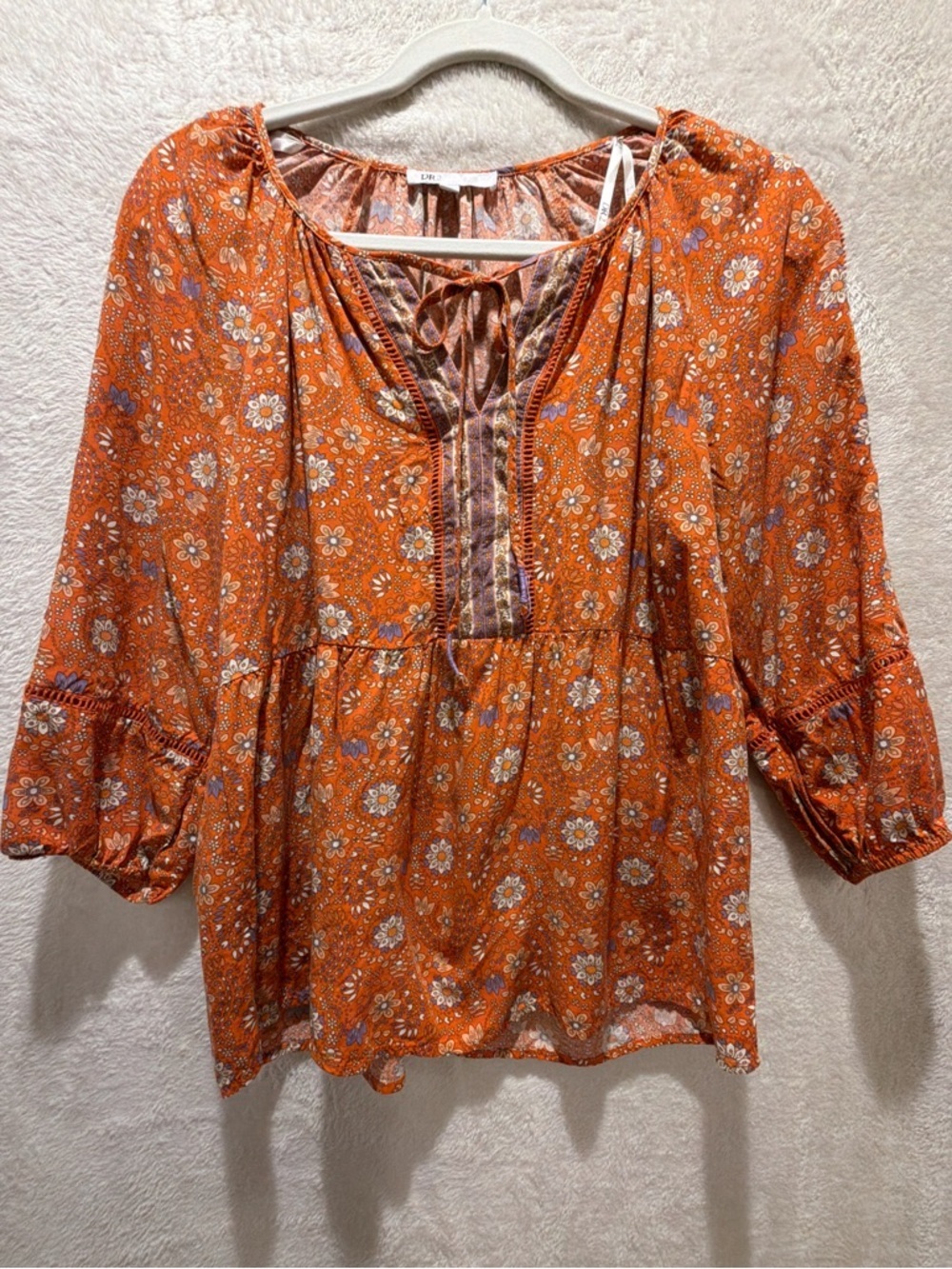 Festival Ready! DR2 boho peasant blouse floral tie front flowy rayon top M - Picture 5 of 12